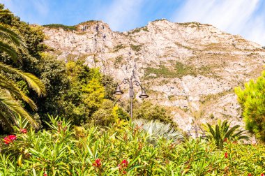İtalya 'nın Garda Gölü' nün batı kıyısındaki Limone Sul Garda şehrinde arka planda dolomit dağları olan canlı yeşil bitki ve ağaçlardan sarkan klasik kıvrımlı sokak feneri.