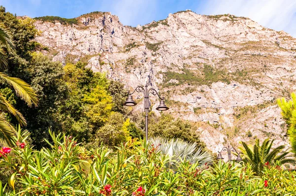 Klasická zakřivená pouliční lucerna trčící z pulzujících zelených rostlin a stromů s vysokými dolomitovými horami na pozadí v Limone Sul Garda město na západním pobřeží jezera Garda v Itálii — Stock fotografie