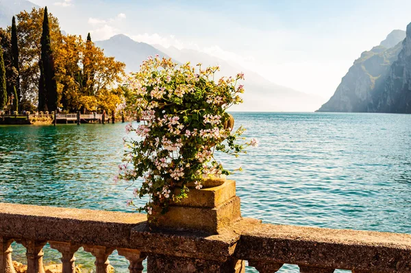 Beautiful Garda lake promenade with classic stone fence railings built on the edge with flowerpots with blooming white flowers. Garda lake surrounded by the high dolomite mountains on the background — Stock Photo, Image