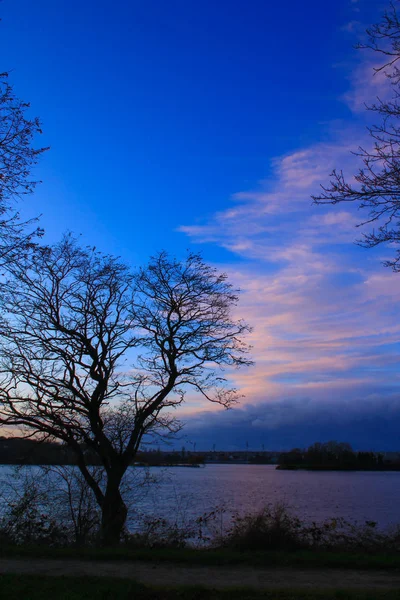 Linda Paisagem Inverno Junto Lago Pôr Sol Céu Azul Com — Fotografia de Stock