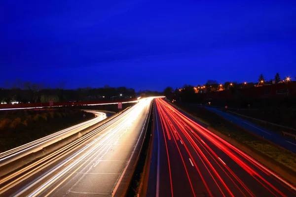 Highway Lightpainting Driven Car Headlight Light Night — Stock Photo, Image