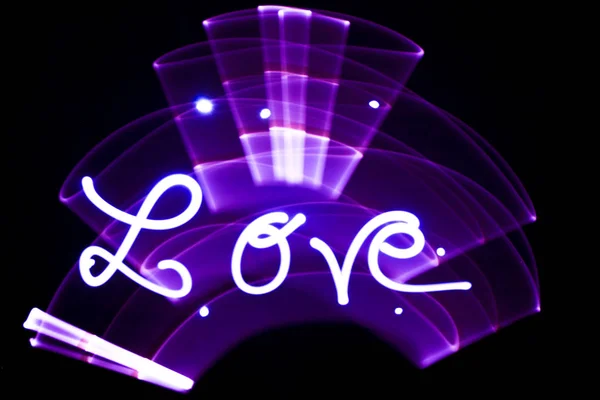 Slovo Láska Napsaná Led Lampy Během Světelného Sezení Noci Abstraktní — Stock fotografie