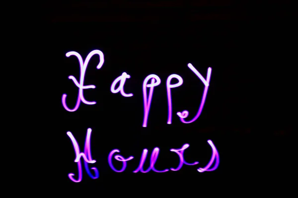 Words Happy Hours Written Led Lamp Lightpainting Session Night Abstract — Stock Photo, Image