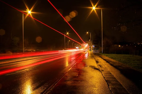 Urbane Lichtmalerei Mit Autolicht Auf Einem Boulevard Der Stadt Unterwegs — Stockfoto