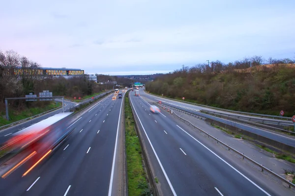 Spind Cars Trucks Driving Fast Lane Vehicles Highway Transport Photographed — Stock Photo, Image