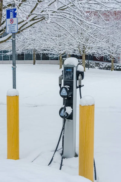 Beyaz karlı arka planda sıfır emisyon arabaları için ev şarj istasyonu — Stok fotoğraf