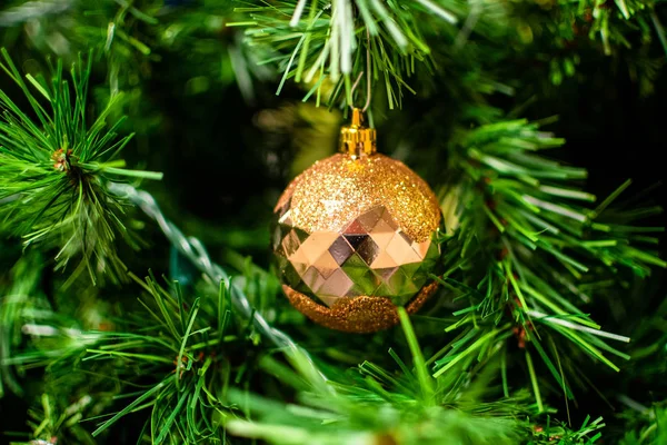 Gyllene grannlåt bland julgransbrynen. Närbild utseende av bollen. — Stockfoto