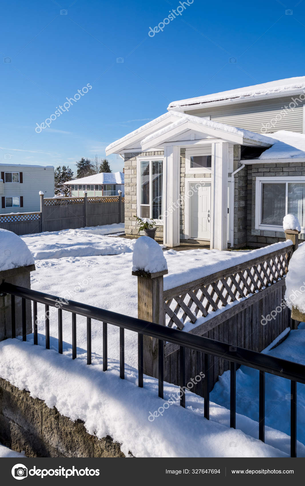 Entrance Of New Stylish Family House In Snow On Winter Season In