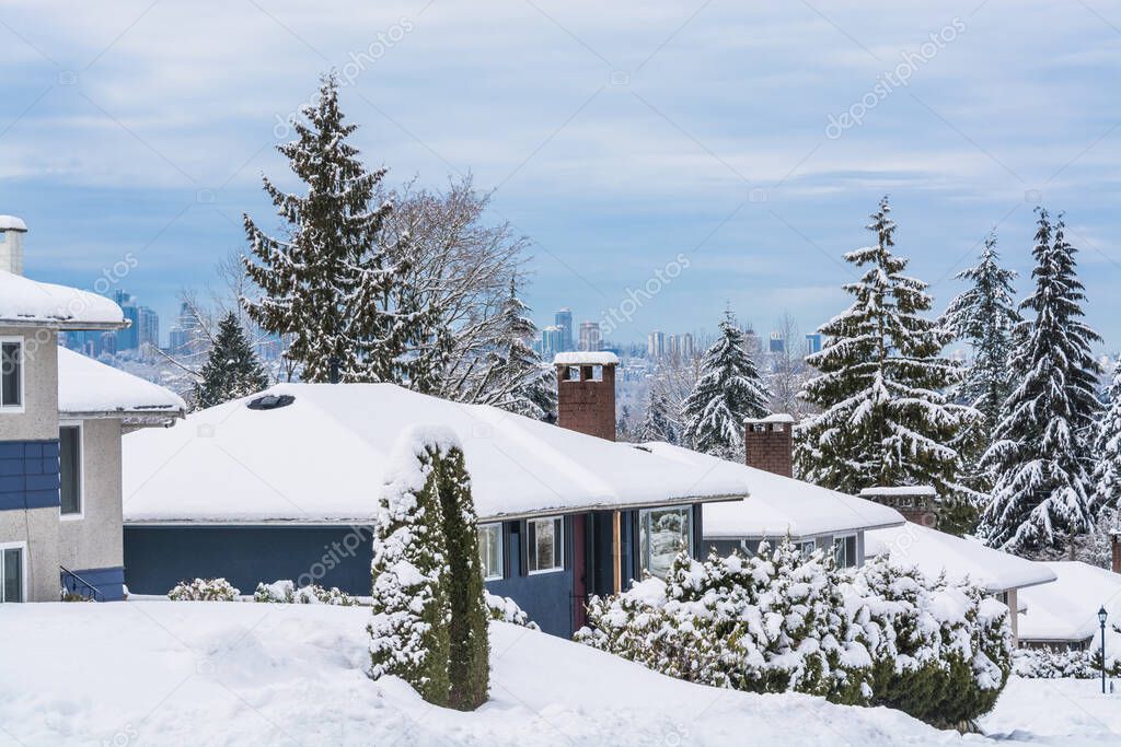 Street of residential houses in suburban of Vancouver on winter cloudy day