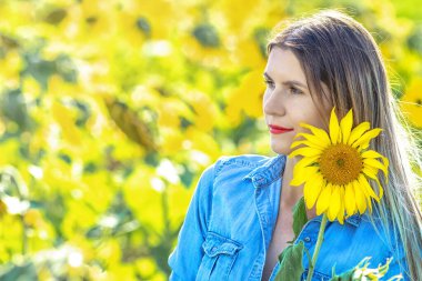 Ayçiçeği tarlasında güzel bir genç kadının açık hava portresi, çiçeklerin arkasında saklanan hayat tarzı kızı.