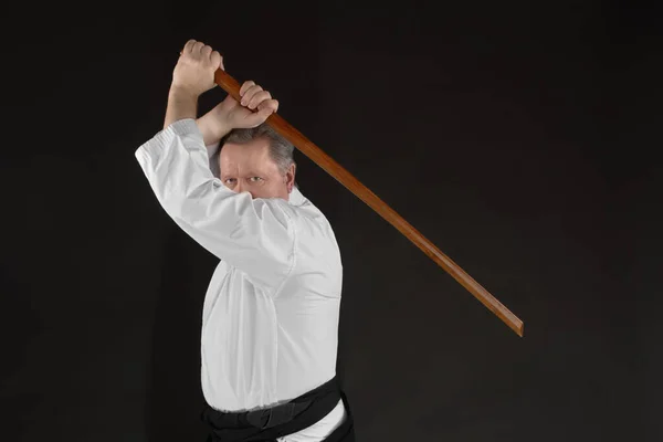 Porträtt Aikido Mästare Bär Traditionella Samuraj Hakama Kimono Lära Sig — Stockfoto