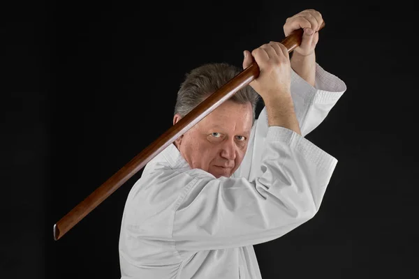 Portrait Aikido Master Wearing Traditional Samurai Hakama Kimono Learning Fight — Stock Photo, Image