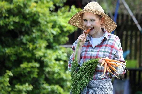 Υγιή λαχανικά. Η γυναίκα σπάζει το καρότο — Φωτογραφία Αρχείου