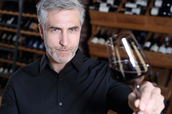 Şarap mahzeni, kırmızı şarap tatma erkekler. — Stok fotoğraf