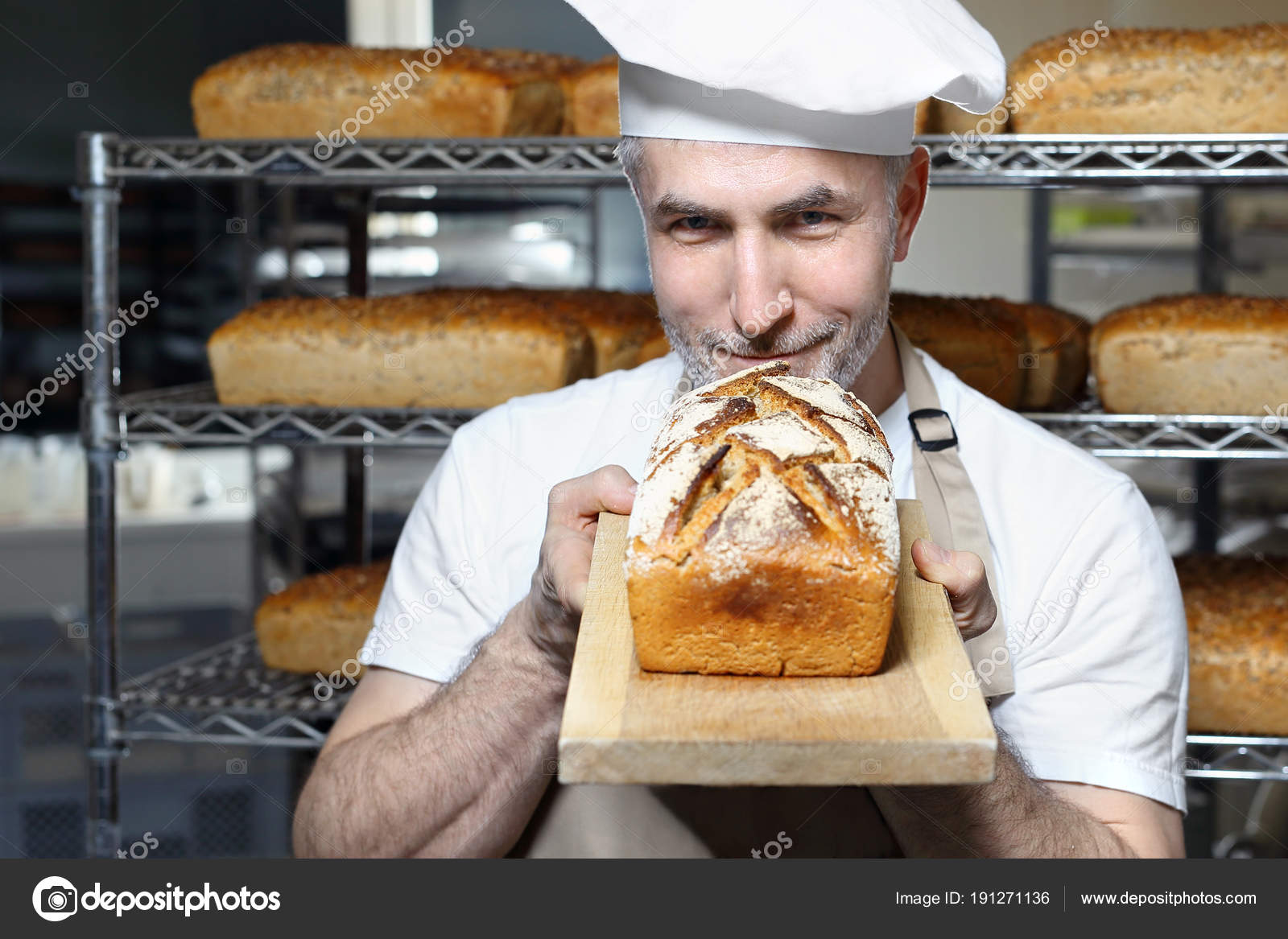 Rye Bread Handsome Baker Loaf Fresh Bread Standing Bakery — Stock Photo