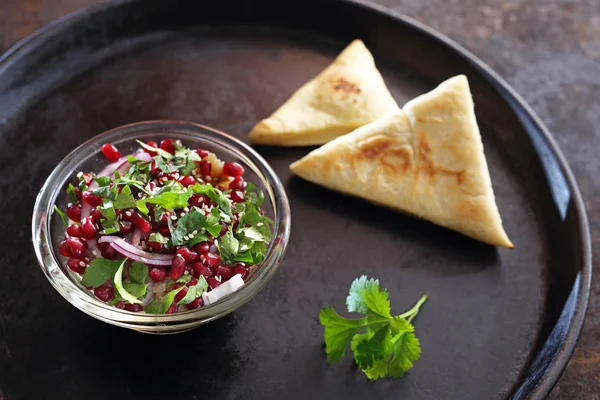 Colorful Starter Green Salad Pomegranate Coriander Served Toast — Stock Photo, Image