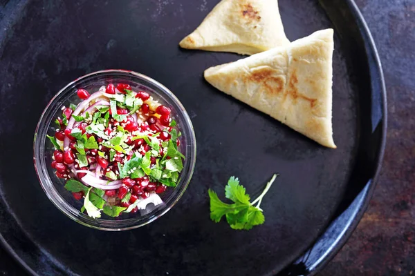 Vegetarian Diet Green Salad Pomegranate Coriander Served Toast — Stock Photo, Image