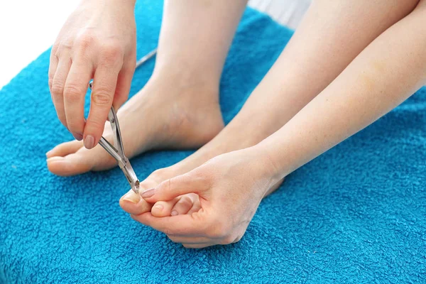 Pedicure Home Woman Performing Pedicure Treatment Bare Feet Blue Towel — Stock Photo, Image