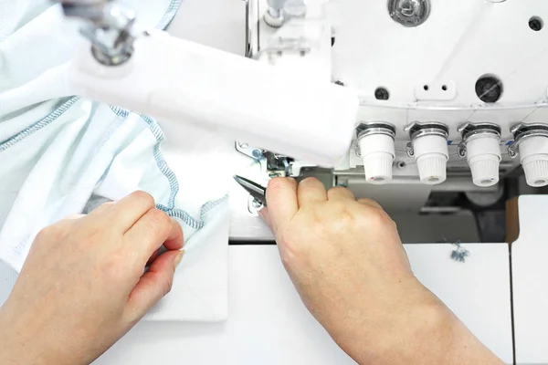 Sewing Protective Clothing Seamstress Sews Overlock Woman Works Clothing Factory — Stock Photo, Image