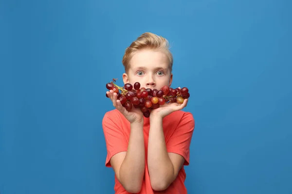 Fruit Diet Child Boy Eating Red Grape Portrait Boy Blue — Stock Photo, Image