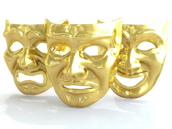 Masques théâtraux dorés représentant des émotions. 3d rendu . — Photo