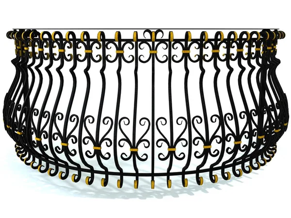 Ковані перила для круглого балкона в чорному, прикрашені золотими вставками, ізольовані на білому. 3d візуалізація . — стокове фото