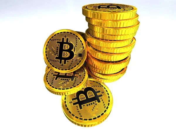 Bitcoin nakit altın şeklinde sikke yığını şekillendirme yığınları içinde yalan. 3D render