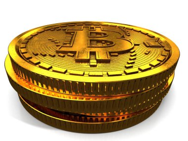 Bitcoin. Fiziksel bit sikke. Dijital para. Cryptocurrency. Beyaz arka plan üzerinde izole bitcoin simgesi olan altın sikke. 3D render