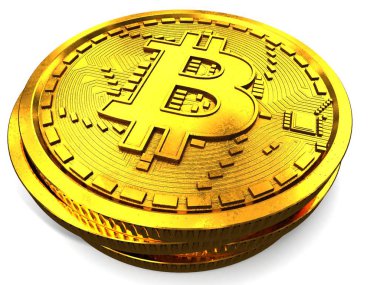 Bitcoin. Fiziksel bit sikke. Dijital para. Cryptocurrency. Beyaz arka plan üzerinde izole bitcoin simgesi olan altın sikke. 3D render