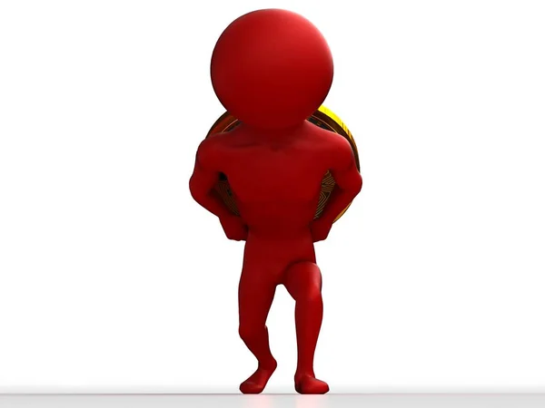 Beyaz arka plan üzerinde izole bir ağır altın sikke bitkoin sürükleyerek 3d küçük kişi. 3D render