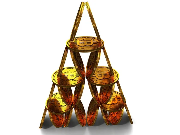 Bitcoin. Fysisk bit mynt. Digital valuta. Kryptovaluta. Gyllene mynt med bitcoin symbol isolerad på vit bakgrund. Mynt ordnade i en pyramid form. 3D-rendering — Stockfoto