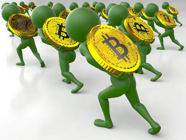 3d küçük yeşil adamlar yavaş yavaş beyaz arka plan üzerinde izole bir ağır altın sikke bitcoin yokuş yukarı sürükleyerek kat çekerek bir kalabalık. 3D render