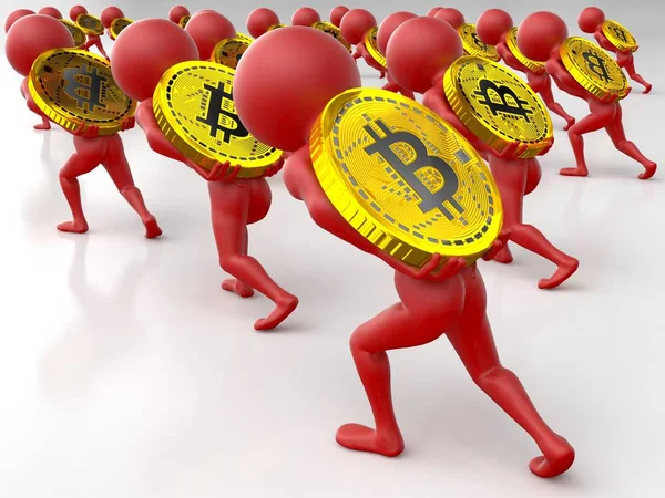 3d küçük kırmızı adam yavaş yavaş beyaz arka plan üzerinde izole bir ağır altın sikke bitcoin yokuş yukarı sürükleyerek kat çekerek bir kalabalık. 3D render