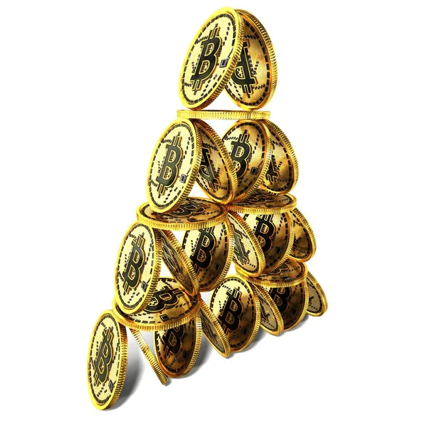 Bitcoin. Fiziksel bit sikke. Dijital para. Cryptocurrency. Beyaz arka plan üzerinde izole bitcoin simgesi olan altın sikke. Paraları bir piramit şeklinde düzenlenmiştir. 3D render
