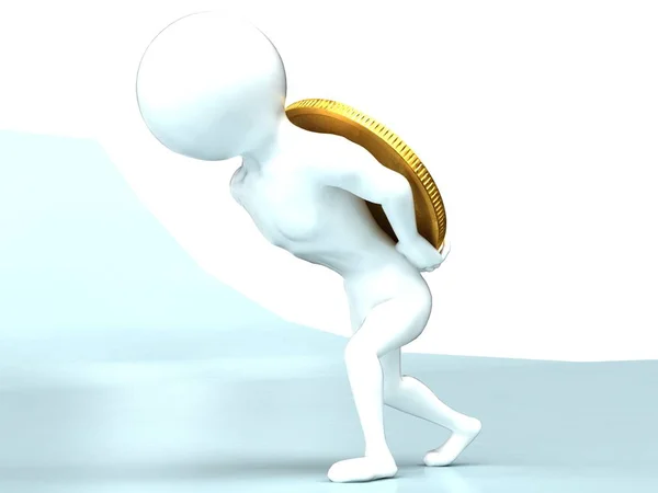 Beyaz arka plan üzerinde izole bir ağır altın para sikke sürükleyerek 3d küçük beyaz kişi. 3D render