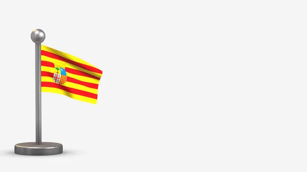 Ilustración de la bandera de Aragón ondeando 3D en diminuto asta de bandera . —  Fotos de Stock