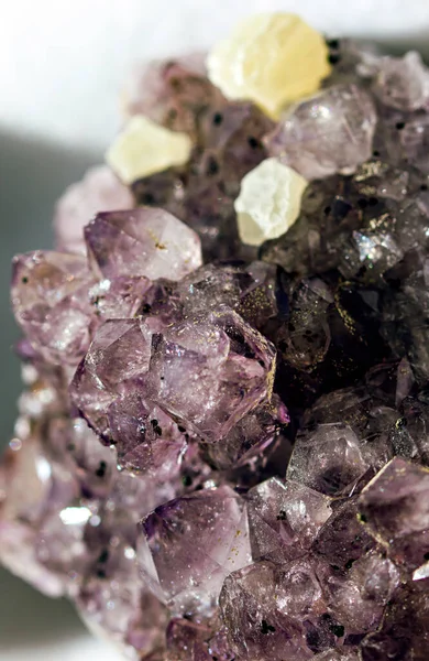 Gemstone Amethyst closeup as a part of cluster geode filled with rock Quartz crystals.