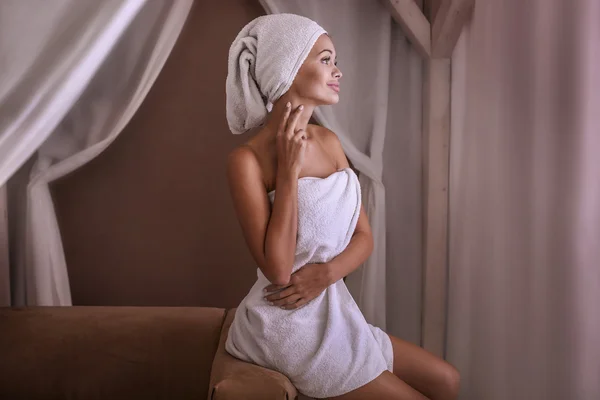 Sensual woman in white towel. — Stock Photo, Image
