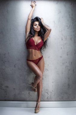 Dantel iç çamaşırı poz içinde seksi kadın.