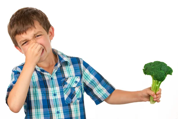 Mały chłopiec gospodarstwa kilka brokuły — Zdjęcie stockowe