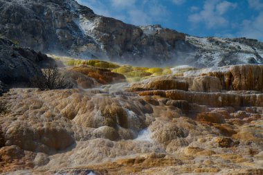 Birleşik Devletler Yellowstone Ulusal Parkı 'ndaki renkli mineral yataklarının yakın çekimi.