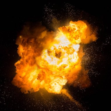 Siyah arkaplanda kıvılcımlar saçan gerçekçi ateşli bir patlama.