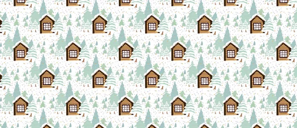 Casarse con la Navidad y feliz año nuevo patrón ilustración. Casas en nevadas, paisaje rural de invierno en vacaciones . — Vector de stock