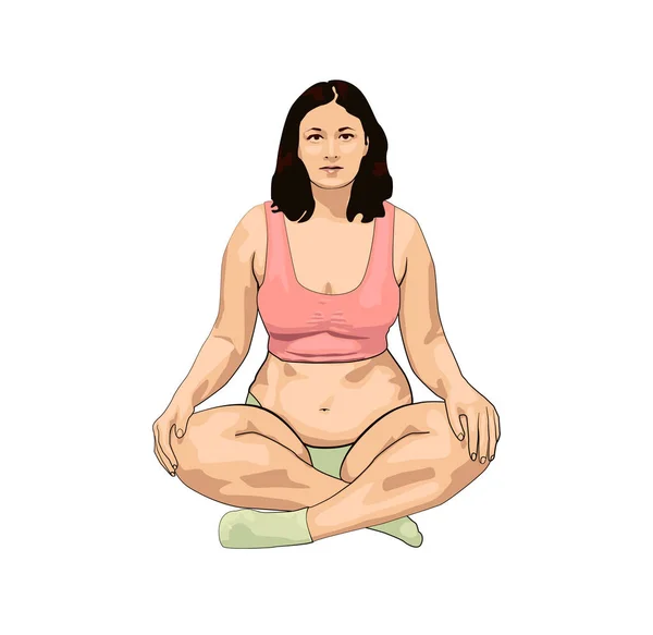Glückliche übergewichtige Frau beim Sport auf weißem Hintergrund. Yoga praktizieren. Lotus. — Stockvektor
