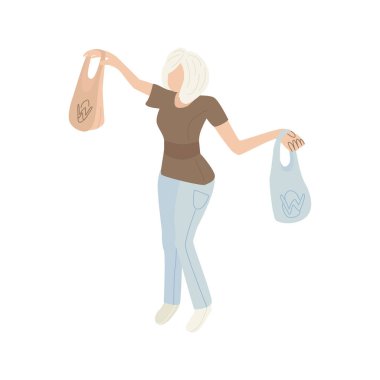 Çöp torbalarını tutan genç bir kadın.