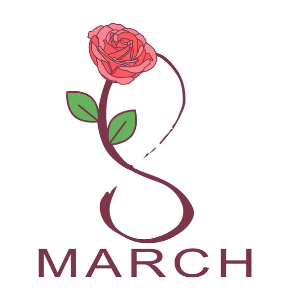 Happy Women's day card with cute single rose. pink rose with green leaves on a long green stem on a white background