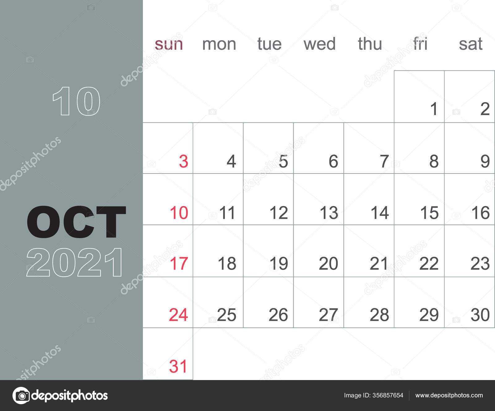 Octubre 2021 Plantilla Diseño Planificador Calendario Semana Comienza 