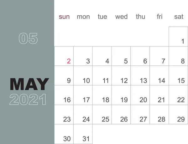Mai 2021 Kalenderplaner Design Vorlage Die Woche Beginnt Sonntag Schreibwarendesign — Stockvektor