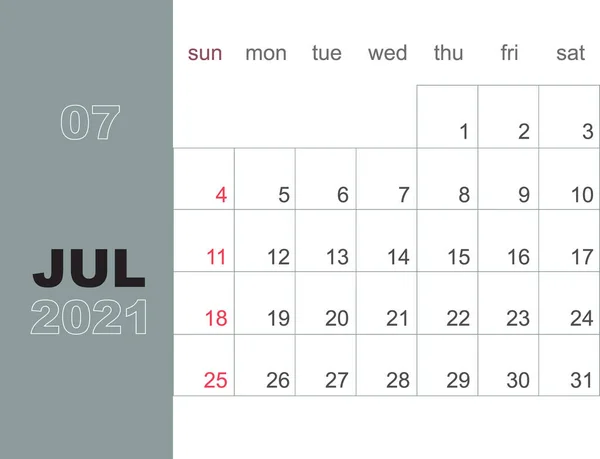 Julho 2021 Modelo Design Planejador Calendário Semana Começa Domingo Design —  Vetores de Stock