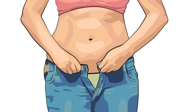 太った腹を持つ女性 太っ腹な女性はタイトなジーンズ 太りすぎや食事の概念の背景を着用しようとしている — ストックベクタ